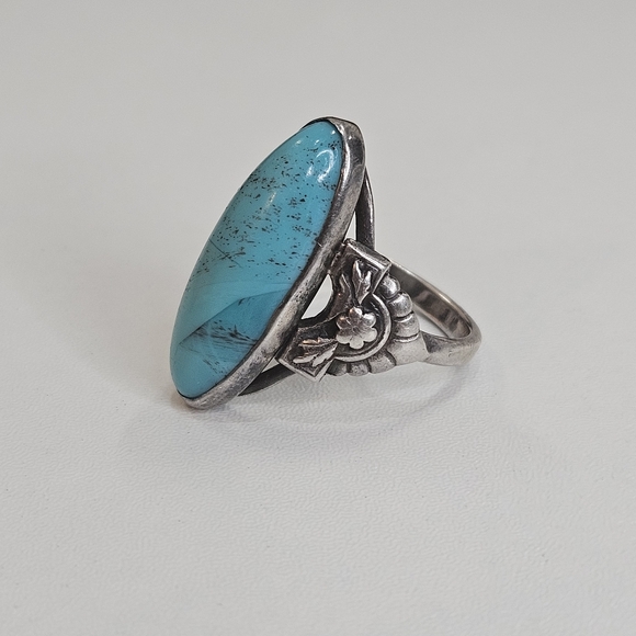 Sterling Silver Turquoise Navajo Ring Floral Design On Band Size 6.75 US